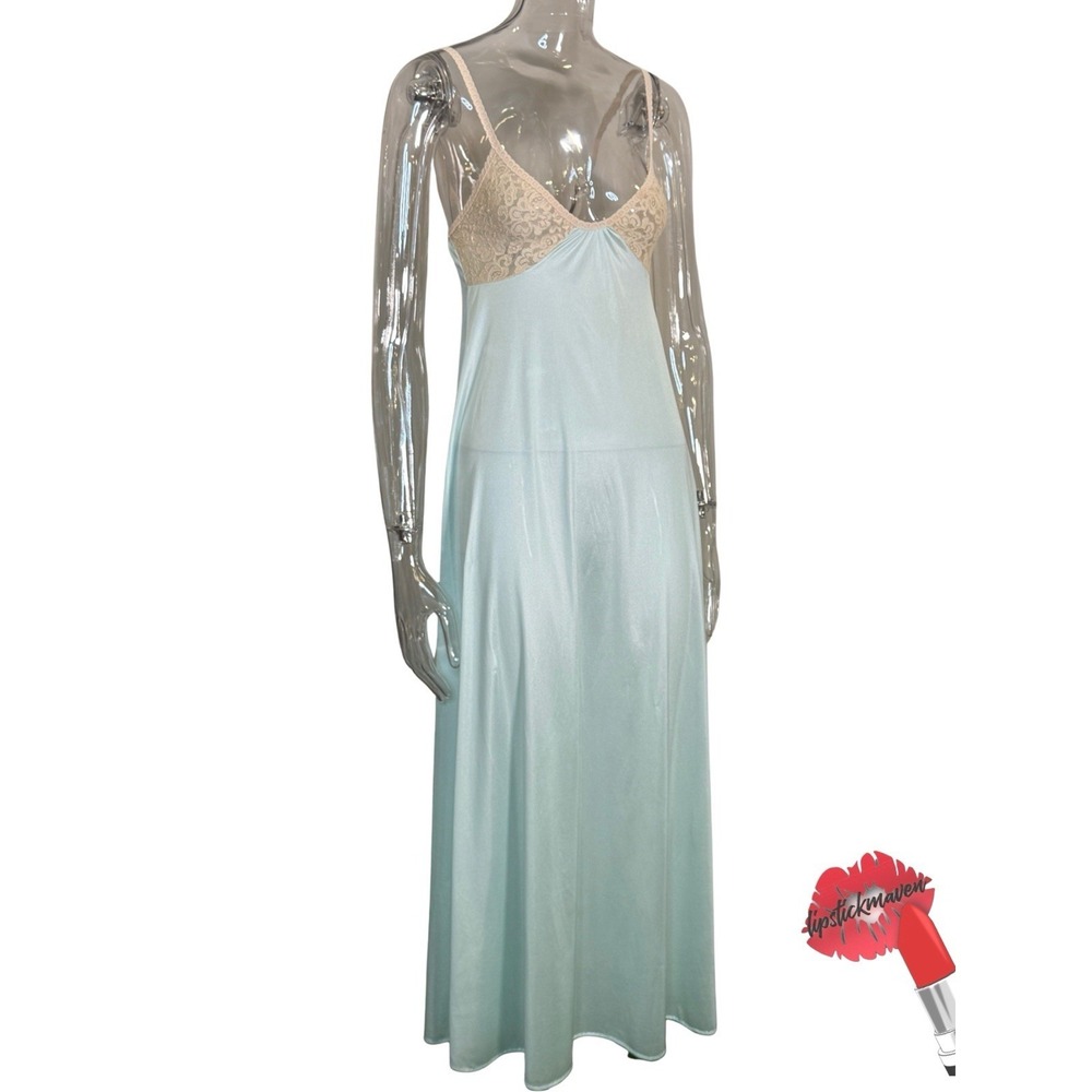 Vintage Lingerie Womens Petite Small Blue Nylon Lace Trim Maxi Slip Dress G's